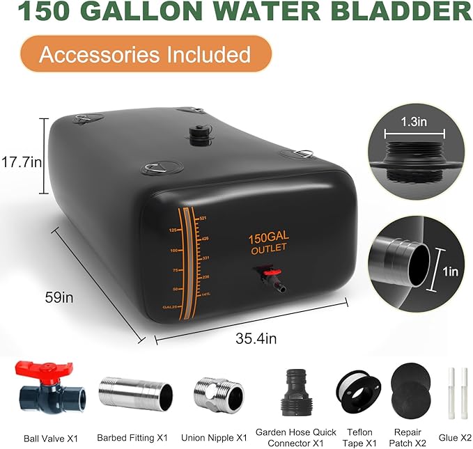 150 Gallon Water Bladder, 1000D PVC Foldable Portable Water Tank, Black Large Capacity Water Bag Container for Garden, Drought Resistance, Fire Prevention, Emergency Supply