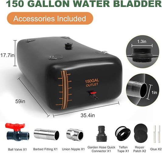 150 Gallon Water Bladder, 1000D PVC Foldable Portable Water Tank, Black Large Capacity Water Bag Container for Garden, Drought Resistance, Fire Prevention, Emergency Supply