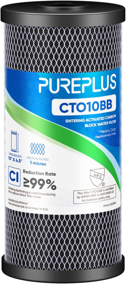 PUREPLUS 1 Micron Coconut Shell Water Filter Cartridge | Activated Carbon Block CTO | Universal Whole House 10 inch Cartridge | Compatible with WFHDC8001, CB-BB-10, EPM, EP-BB, CTO10BB, 1 Pack