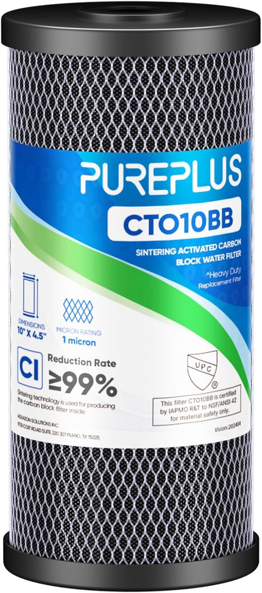 PUREPLUS 1 Micron Coconut Shell Water Filter Cartridge | Activated Carbon Block CTO | Universal Whole House 10 inch Cartridge | Compatible with WFHDC8001, CB-BB-10, EPM, EP-BB, CTO10BB, 1 Pack
