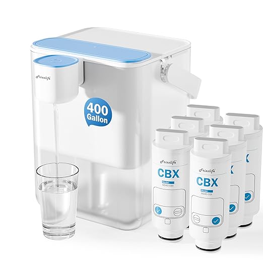 Frizzlife MD40 Electric Water Filter Dispenser with 6 Filters, 400 Gallon, NSF/ANSI 53&42&372, Reduce Lead, PFAS, 6 Months Filter Life Pitcher, Countertop Rechargeable Instant System