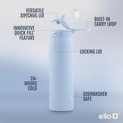 Ello Pop & Fill 32oz Stainless Steel Water Bottle with Quick Fill Technology, Double Walled and Vacuum Insulated Metal, Leak Proof Locking Lid, Sip and Chug, Reusable, BPA Free, Halogen Blue