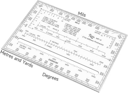 CYA MP-6 Square Military Map Protractor - Degrees Mils Coordinate Scale | Thick waterproof MP-6 map protractor with degrees & mils. Laser-cut for 1:25k, 1:50k & 1:100k UTM/MGRS coordinate grids