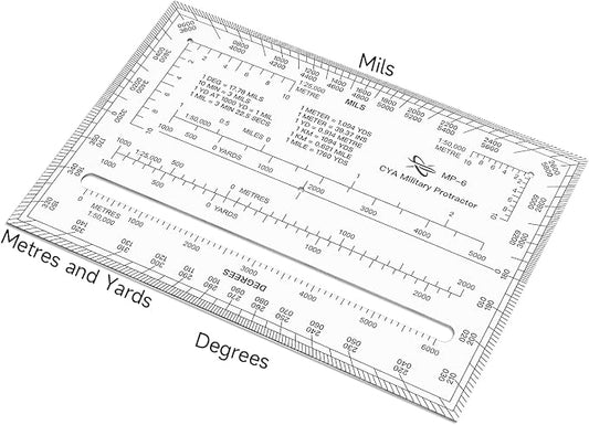 CYA MP-6 Square Military Map Protractor - Degrees Mils Coordinate Scale | Thick waterproof MP-6 map protractor with degrees & mils. Laser-cut for 1:25k, 1:50k & 1:100k UTM/MGRS coordinate grids