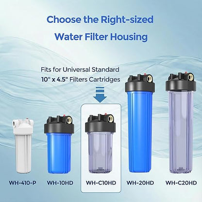 Whole House Water Filter Housing (WH-C10HD), 10" x 4.5" Sediment etc Filter Universal Housing, Pre-Filtration System for Well and City Water, 1" NPT Port, Pressure Release(Clear Housing)