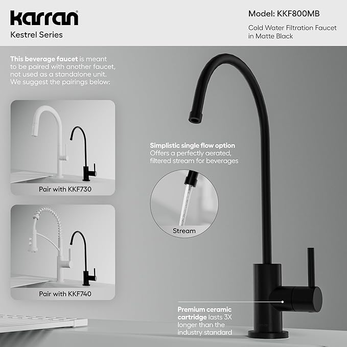 Karran Kestrel Single-Handle Filtered Water Faucet in Matte Black 100% Lead-Free Brass, RO/Filtration System Ready, 360° High-Arc Spout, Spot-Free Finish Beverage Faucet (Matte Black)