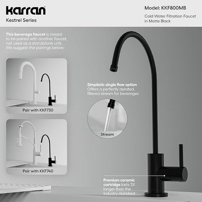 Karran Kestrel Single-Handle Filtered Water Faucet in Matte Black 100% Lead-Free Brass, RO/Filtration System Ready, 360° High-Arc Spout, Spot-Free Finish Beverage Faucet (Matte Black)
