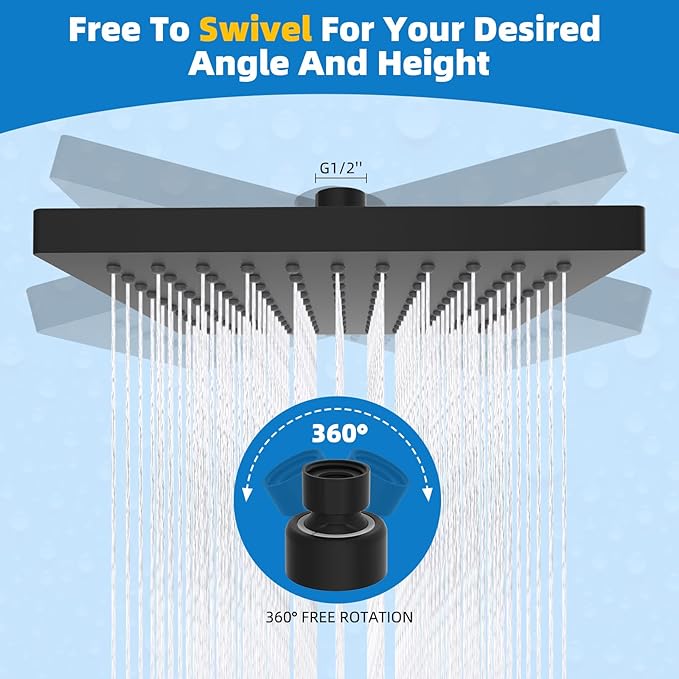 Hibbent cUCPC Certified Rain Shower Head, 8'' High Pressure Rainfall Shower Head, Square Bathroom Waterfall Shower Heads, High Flow Fixed Showerheads with Adjustable Brass Ball Joint, Matte Black