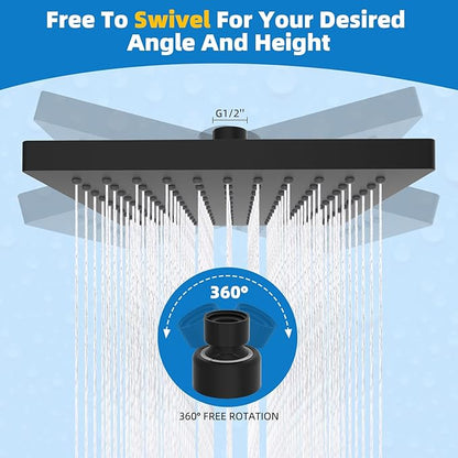 Hibbent cUCPC Certified Rain Shower Head, 8'' High Pressure Rainfall Shower Head, Square Bathroom Waterfall Shower Heads, High Flow Fixed Showerheads with Adjustable Brass Ball Joint, Matte Black