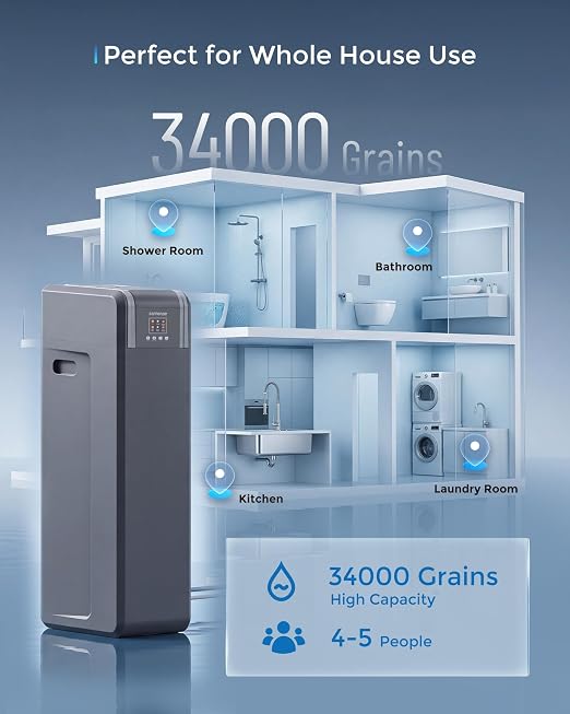 Water Softener System, 34,000 Grain Whole House Water Softener for 4–5 People, Digital Display, Up-Flow Regeneration, Vacation Mode & Easy Salt Access, CS21H-0935