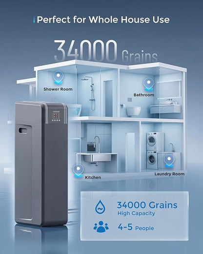 Water Softener System, 34,000 Grain Whole House Water Softener for 4–5 People, Digital Display, Up-Flow Regeneration, Vacation Mode & Easy Salt Access, CS21H-0935