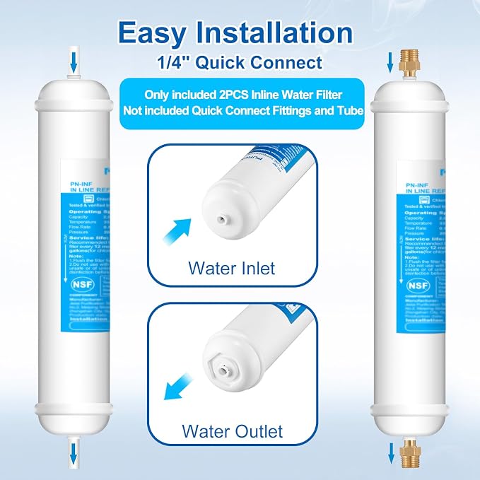 Inline Water Filter - 1/4"Push Connect for Refrigerator & Ice Maker(2 Pack) | NSF 42 Certified Filter,Reduces Chlorine,Bad Taste & Odor,for Refrigerator,Ice Maker,Post Carbon Filter on RO System