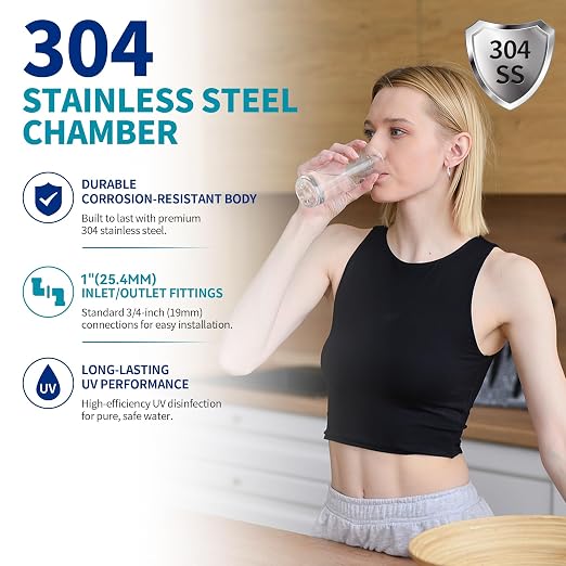 Whole House UV Water Filter System 55W 120V, 12GPM High Flow Whole Home Water Purifier with 1” MNPT Ports Equipped with Intelligent Water Flow Switch, +1 Extra Bulb