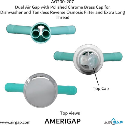 Dual Air Gap with Polished Chrome Brass Cap for Dishwasher and Tankless Reverse Osmosis Filter and Extra Long Thread (AG200-207, AG200-X07, AMERIGAP)