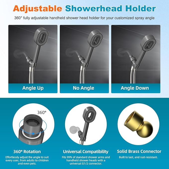 Hibbent Filtered Showerhead with handheld, High Pressure 5 Sprays Handheld Shower Head with Brass Holder& 71" Metal Hose, Water Softener for Hard Water-Remove Chlorine, Reduces Dry Itchy Skin, Gray