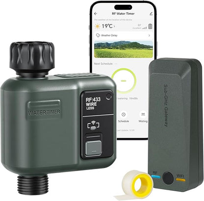 WiFi Water Timer for Garden Hose, Sprinkler Timer 1 Zone, Smart Hose Water with WiFi Irrigation Controller,Voice Control RF433 Automatic Irrigation System/Rain Delay/Manual Watering D31WT06