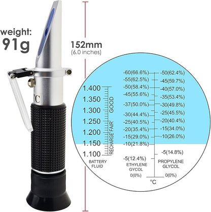 3-in-1 Automotive Battery Antifreeze Refractometer, -60~0°C Ethylene/ -50~0°C Propylene Glycol/ 1.100-1.400 Battery Fluids Specific Gravity, Battery Charge Test Cooling System Coolant Freezing Point