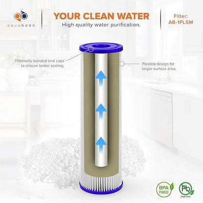 Aquaboon 5 Micron 10x2.5 Whole House Pleated Sediment Filter Cartridge for Well Water Filter Replacement Compatible with WFPFC3002, WHKF-WHPL, 6-Pack