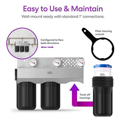 Brio Whole House Water Filter System w/Gauges | 3 Stage Fast-Flow Filtration (Sediment, CTO Carbon Block, Iron & Maganese) 4.5" x 10" Filters | Improves Taste, Protects Home Appliances | 720 GPH