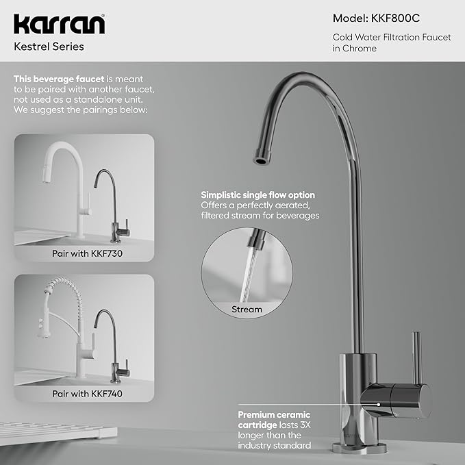 Karran Kestrel Single-Handle Filtered Water Faucet in Chrome 100% Lead-Free Brass, RO/Filtration System Ready, 360° High-Arc Spout, Spot-Free Finish Beverage Faucet (Chrome)