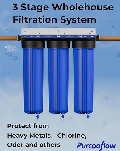3-Stage Whole House Water Filter System, Heavy Metal Reduction, 20x4.5 Inch, Includes PP, KDF & CTO Carbon Block, 1" NPT Brass Ports, Drain Valves & Install Kit