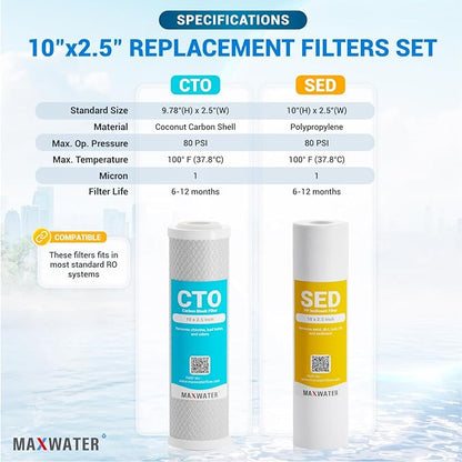 Max Water 5 Micron Replacement Water Filter Set 10” x 2.5” Sediment & Carbon Block (PP + CTO), 10 Pack