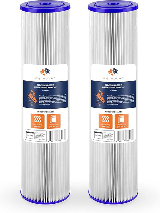 Aquaboon 5 Micron 20 x 4.5 Whole House Pleated Water Sediment Filter Replacement Water Filter Cartridge Compatible with ECP5-20BB, SPC-45-2005, 2-Pack