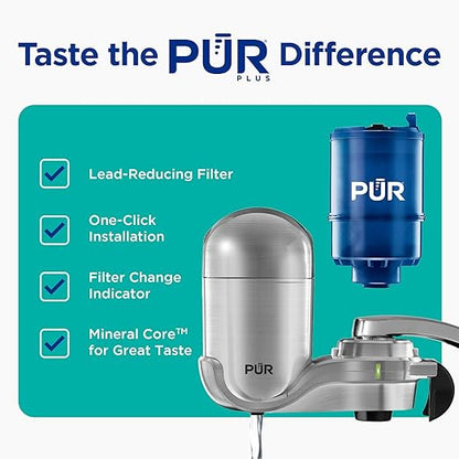 PUR PLUS Vertical Faucet Mount Water Filtration System, Lead-Reducing Filter, Great-Tasting Water, Easy Install, Lasts 100 Gallons, Compatible with Sinks with External Aerators, Stainless Steel