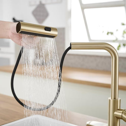 Gold Kitchen Faucets with Pull Down Sprayer,Waterfall Kitchen Sink Faucet,Commercial Utility Stainless Steel Kitchen Faucets,Single Handle Kitchen Sink Faucet with Pull Down Sprayer for 3 Function