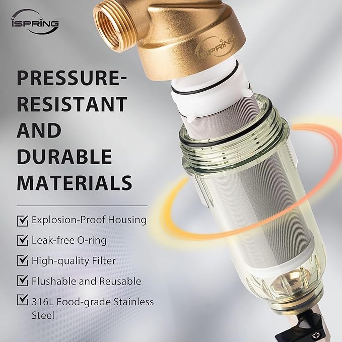 iSpring WSP2PK15 Reusable Whole House Spin Down Sediment Water Filters, Twin Pack with 100 Microns and 50 Microns Filter Sizes, Clear Housing, Lead-Free Brass