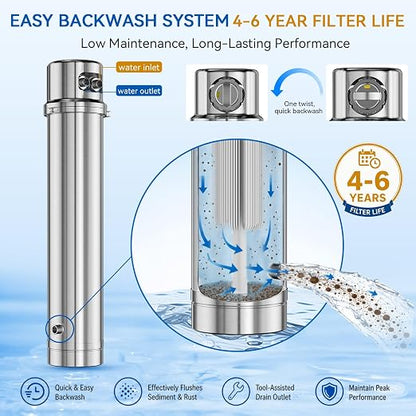 Whole House Water Filter 6-Year Backwash Filtration System Stainless Steel | 880K GL, 6 Year Backwash Filter, 0.01μm UF Filtration, 304 Stainless Steel, High Flow Whole House, for Well/Tap/Lake Water