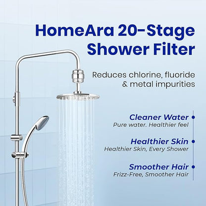 Shower Filter for Hard Water to Remove Chlorine and Fluoride, 20 Stage Shower Head Water Filter System for Itchy Skin or Dandruff, High Output Filtered Showerhead with Cartridge, chrome