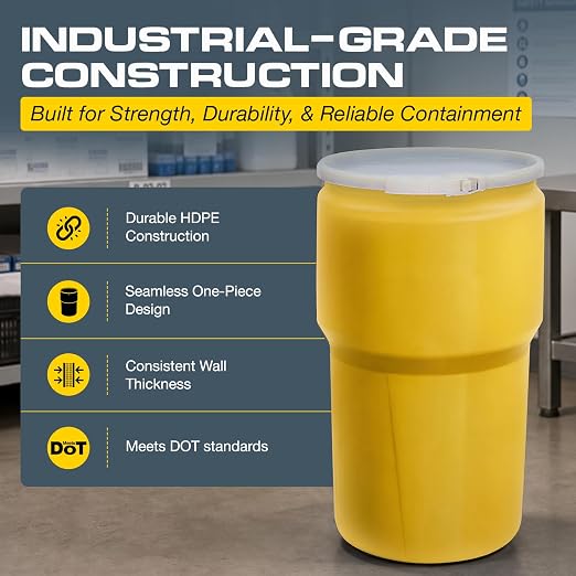 Eagle Plastic Drum, 14 Gallon Drum, DOT Compliant, Made in USA, Yellow | High-Density-Polyethylene Construction, Open Head Lab Pack Drum, Plastic Lever-Lock Lid, Hazardous Material Storage,Transport