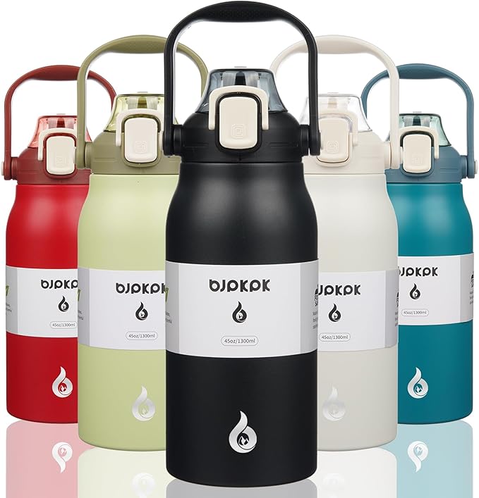 BJPKPK Insulated Water Bottles with Straw, 45 oz Stainless Steel Metal Water Bottle with One-handed Opening Lid, BPA Free Reusable Jugs for Gym Sports Outdoors, Black
