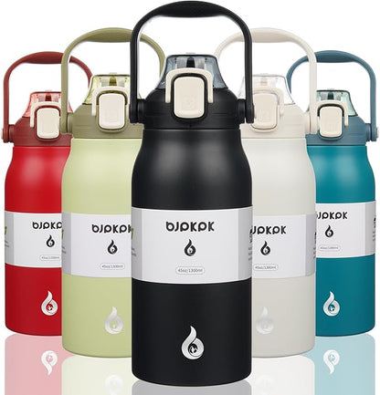 BJPKPK Insulated Water Bottles with Straw, 45 oz Stainless Steel Metal Water Bottle with One-handed Opening Lid, BPA Free Reusable Jugs for Gym Sports Outdoors, Black