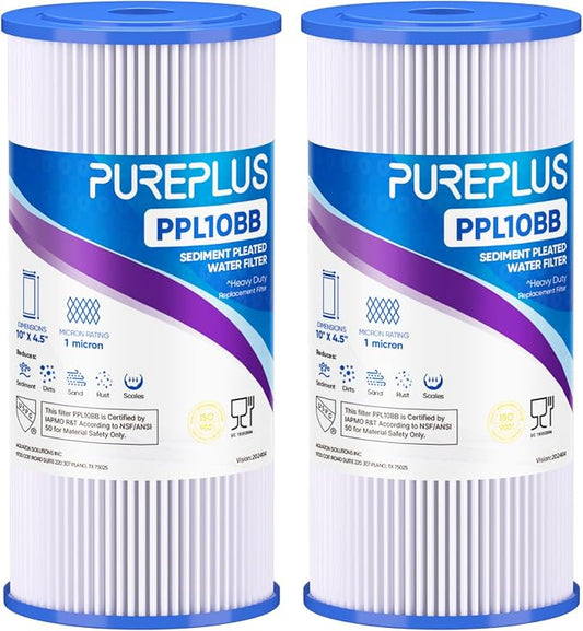 PUREPLUS 1 Micron 10" x 4.5" Whole House Pleated Sediment Filter for Well Water, Replacement Cartridge for GE FXHSC, Culligan R50-BBSA, Pentek R50-BB, DuPont WFHDC3001, W50PEHD, GXWH40L, 2Pack