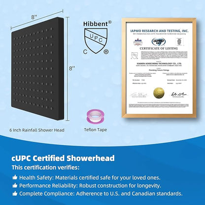 Hibbent cUCPC Certified Rain Shower Head, 8'' High Pressure Rainfall Shower Head, Square Bathroom Waterfall Shower Heads, High Flow Fixed Showerheads with Adjustable Brass Ball Joint, Matte Black