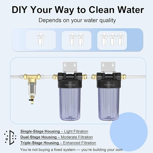 PWT10 Whole House Water Filter Housing, Fits 10” x 4.5” Big Blue Filters, Inline Pre-Filtration System for RV, Home Well and City Water Sediment etc with 1" NPT Port, Pressure Relief Valve