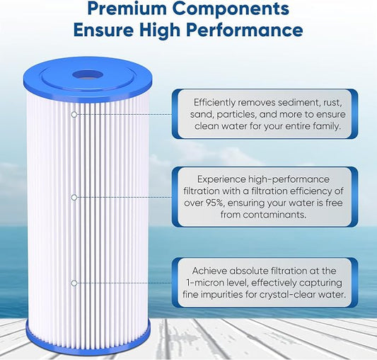 PUREPLUS 1 Micron 10" x 4.5" Whole House Pleated Sediment Filter for Well Water, Replacement Cartridge for GE FXHSC, Culligan R50-BBSA, Pentek R50-BB, DuPont WFHDC3001, W50PEHD, GXWH40L, 3Pack