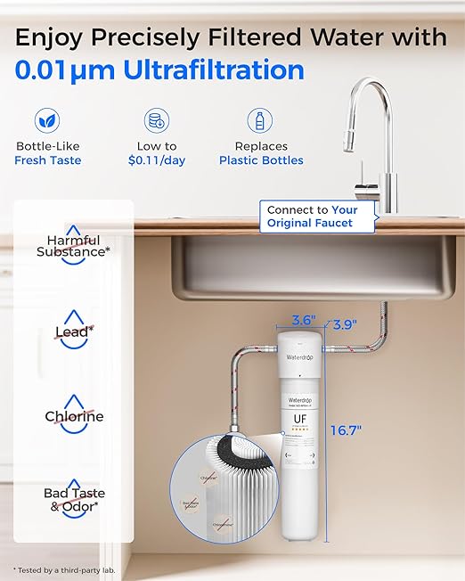 Waterdrop 15UAW-UF 0.01 μm Ultra Filtration Under Sink Water Filter System, 2 Years, Reduces Lead, Chlorine, Bad Taste & Odor, Direct Connect to Kitchen Faucet，No TDS Reduction