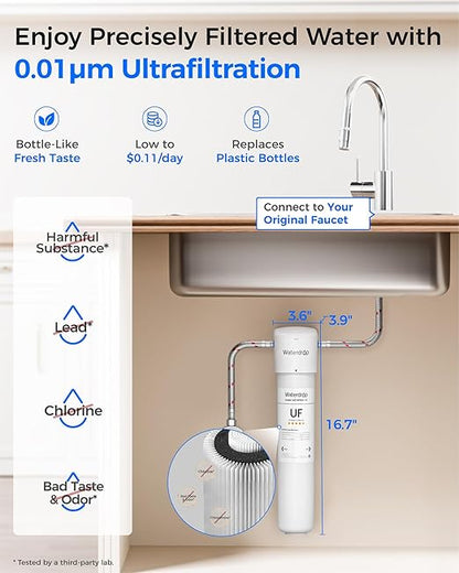 Waterdrop 15UBW-UF 0.01 μm Ultra Filtration Under Sink Water Filter System, Reduces Lead, Chlorine, Bad Taste & Odor, 2 Years, with Dedicated Brushed Nickel Faucet, USA Tech