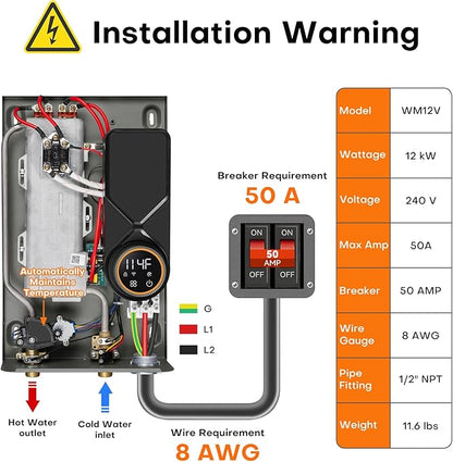12kW Tankless Water Heater Electric 240V, On Demand Hot Water, Automatically Maintains Water Temperature, Up to 2.8 GPM, WiFi Control, ETL Eertified, Eco, WM12V Plus