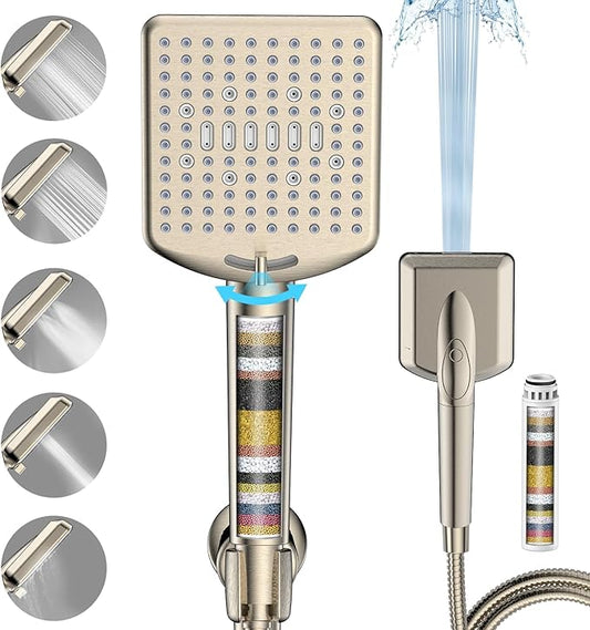 Homlord Filtered Shower Head with Handheld Brushed Nickel - High Pressure 6 Modes, 120 Anti-clog Nozzles, Detachable Showerhead with Hard Water Filters, Extra Long 6ft Hose, Power Wash Mode