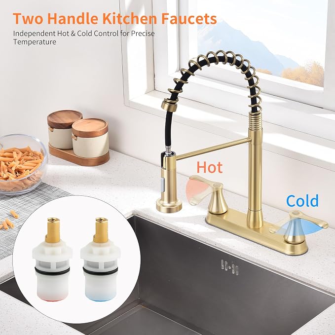 HOMELODY 2 Handles Kitchen Faucet with Pull Down Sprayer for 3 Hole Sink, 360° Rotating Spout Commercial 2 Handle Stainless Steel Kitchen Faucets with Deck Plate Gold