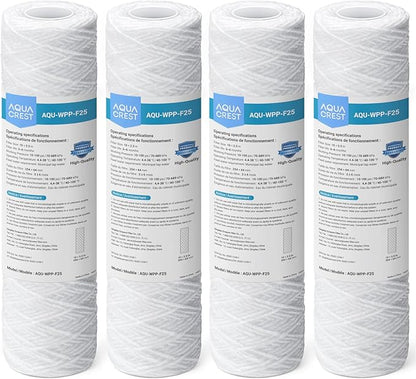 AQUA CREST 5 Micron 10"x2.5" String Wound Sediment Water Filter Cartridge for Well Water, Universal Replacement for Any 10 inch RO Unit, WP-5, Aqua-Pure AP110, CFS110, Culligan P5, WFPFC4002, 4Pack