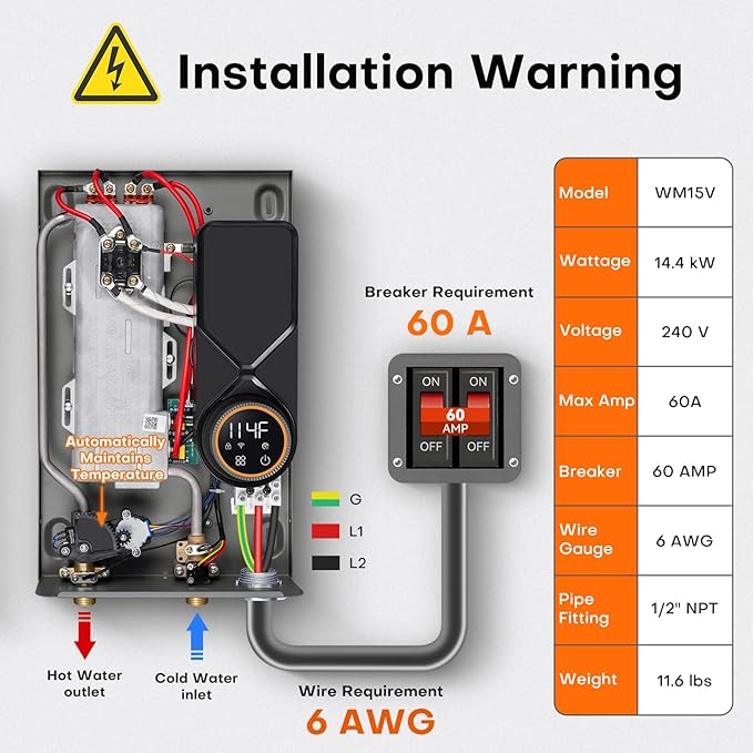 14.4kW Tankless Water Heater Electric 240V, On Demand Hot Water, Automatically Maintains Water Temperature, Up to 3.5 GPM, WiFi Control, ETL Eertified, Eco, WM15V Plus