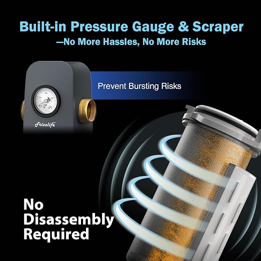 Frizzlife 40/100 Micron Spin Down Sediment Water Filter with Built-in Scraper & Pressure Display, Reusable Whole House Pre-Filter for City/Well Water, Washing Machine, Flushable, BPA Free, 1"&3/4" NPT