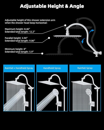 Hibbent All Metal High Pressure Rainfall 10'' Shower Head, Handheld Showerhead Combo, 12'' Adjustable Shower Extension Arm, 7-Spray, 71'' Hose, Adhesive Showerhead Holder, White