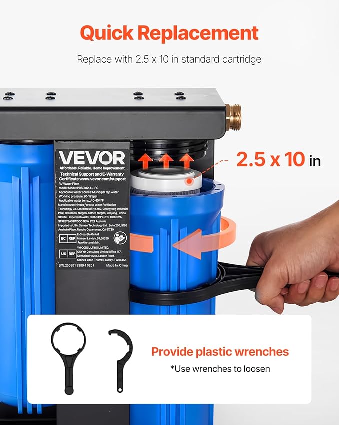 VEVOR RV Water Filter with Bracket, 2-Cartridge 2.5 x 10 in Water Filter System for RVs, Remove Chlorine, Bad Tastes, Odors, and Most Contaminants, for Campers, Boats, Vans
