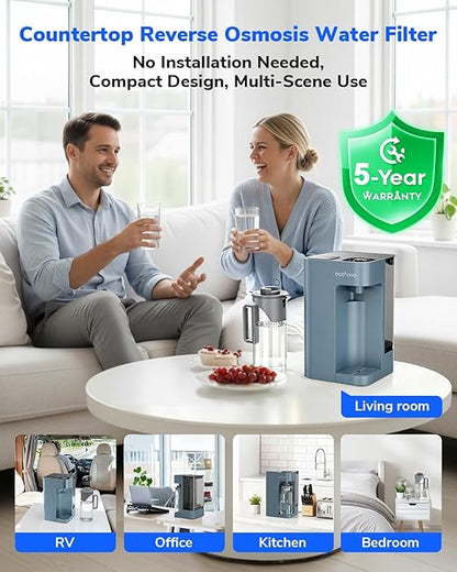 Mate 3 Reverse Osmosis Water Filter Countertop, 3:1 Pure to Drain, 44oz Smart Autofill Pitcher, No Installation Water Purifier, 8 Stage RO Water Filtration, with Remineralization, Blue
